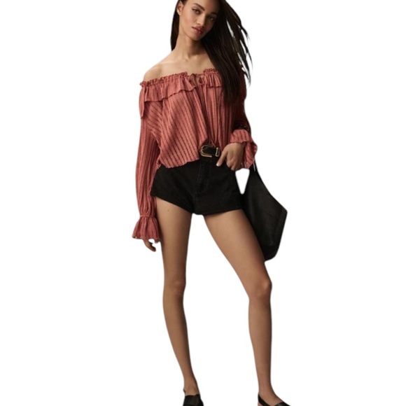 LN Anthropologie Long-Sleeve Sheer Striped Off Shoulder Cropped Top in Rose - S - Picture 16 of 16